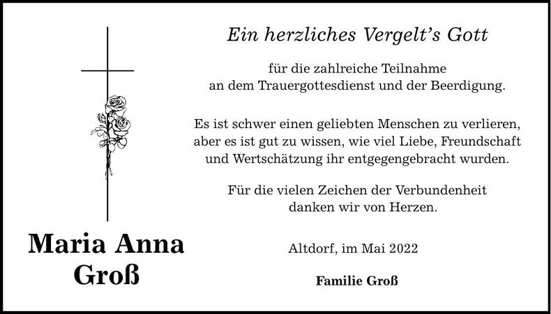 Traueranzeige Maria Anna Groß