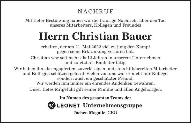 Traueranzeige Bauer Christian