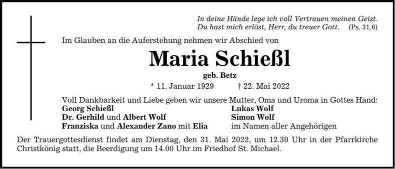 Traueranzeige Maria Schießl