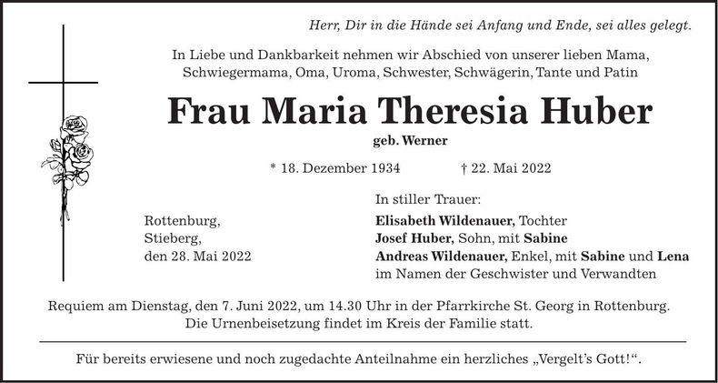 Traueranzeige Maria Theresia Huber