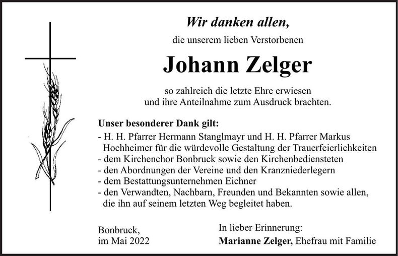 Traueranzeige Johann Zelger
