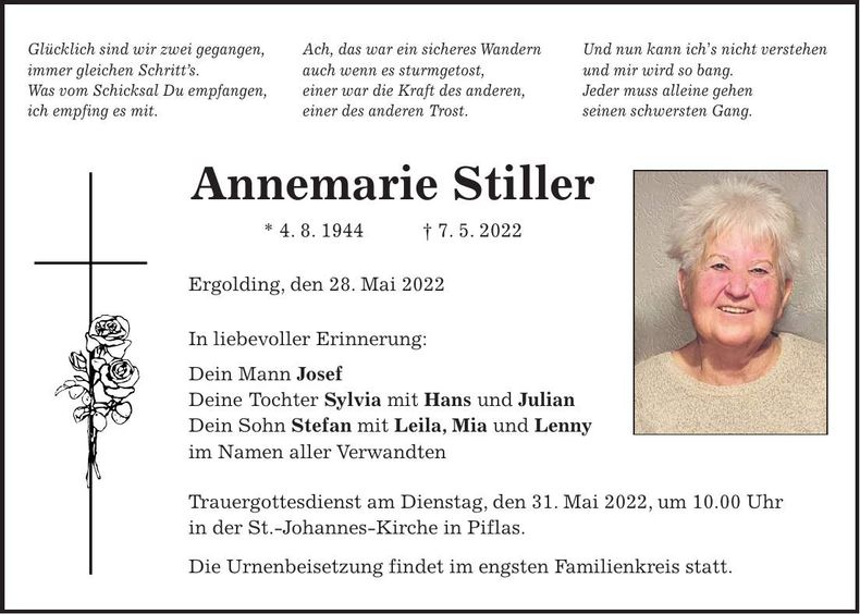 Traueranzeige Annemarie Stiller