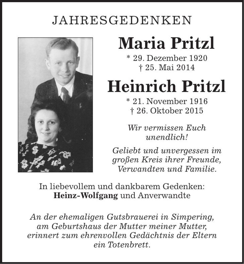 Traueranzeige Maria und Heinrich Pritzl