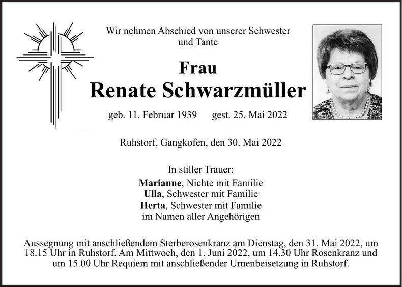 Traueranzeige Renate Schwarzmüller