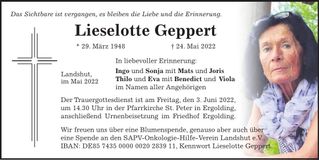 Traueranzeige Lieselotte Geppert
