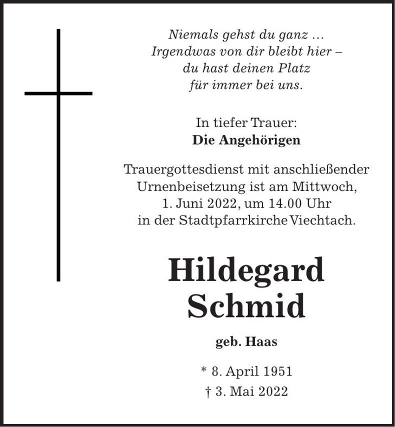 Traueranzeige Schmid Hildegard