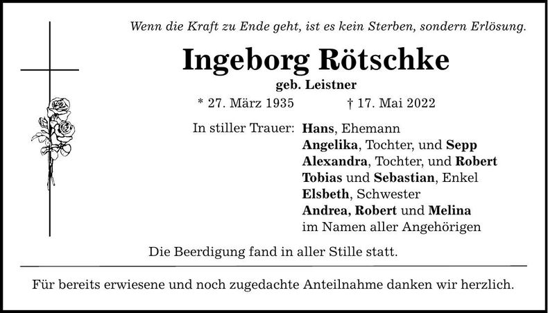 Traueranzeige Ingeborg Rötschke