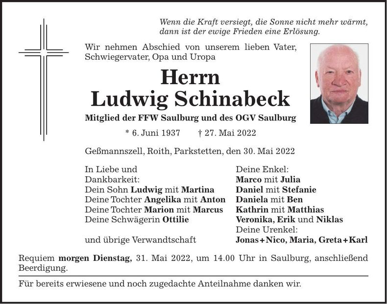 Traueranzeige Ludwig Schinabeck