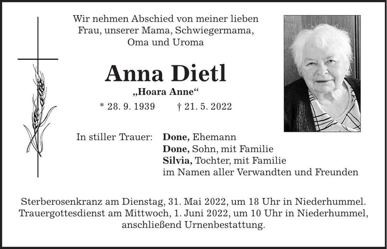Traueranzeige Anna Dietl