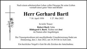 Traueranzeige Gerhard Bartl