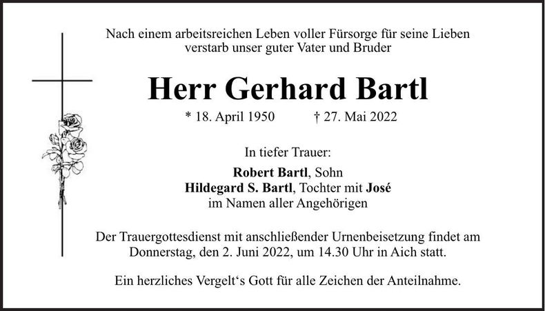 Traueranzeige Gerhard Bartl