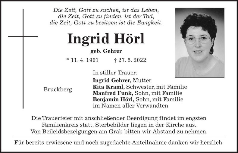 Traueranzeige Ingrid Hörl