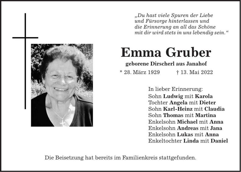 Traueranzeige Emma Gruber