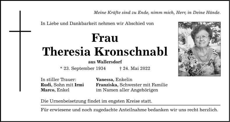 Traueranzeige Theresia Kronschnabl