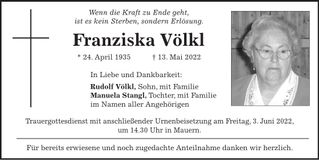Traueranzeige Franziska Völkl