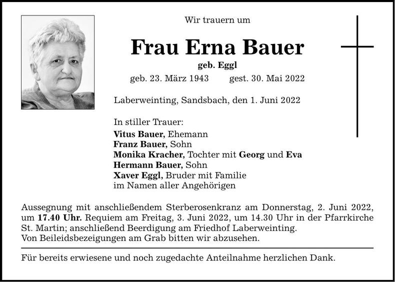 Traueranzeige Erna Bauer
