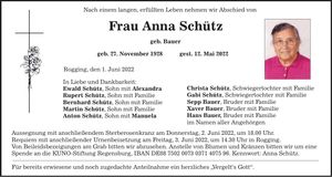 Traueranzeige Anna Schütz