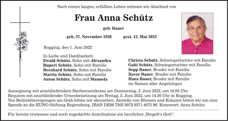 Traueranzeige Anna Schütz