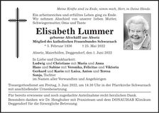 Traueranzeige Elisabeth Lummer