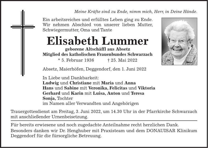 Traueranzeige Elisabeth Lummer