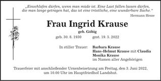 Traueranzeige Ingrid Krause
