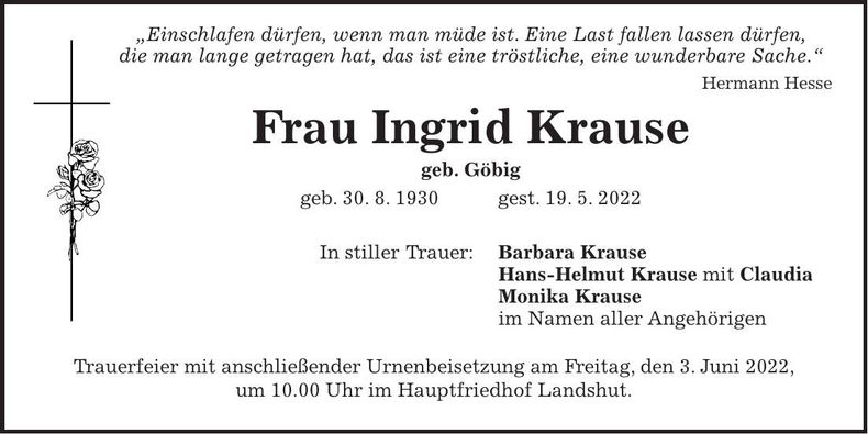 Traueranzeige Ingrid Krause