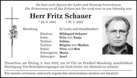 Traueranzeige Fritz Schauer