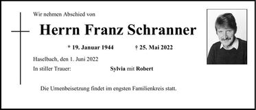Traueranzeige Franz Schranner