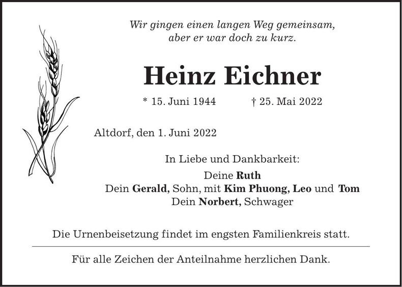 Traueranzeige Heinz Eichner