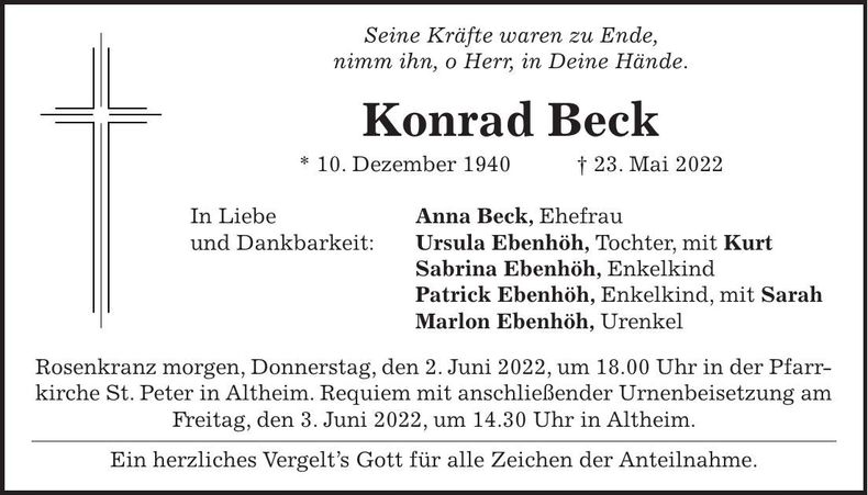 Traueranzeige Konrad Beck