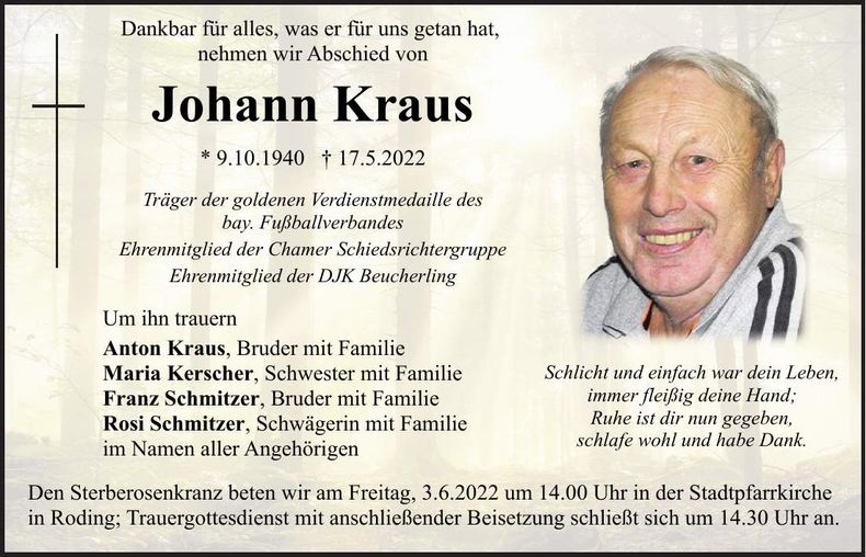 Traueranzeige Johann Kraus