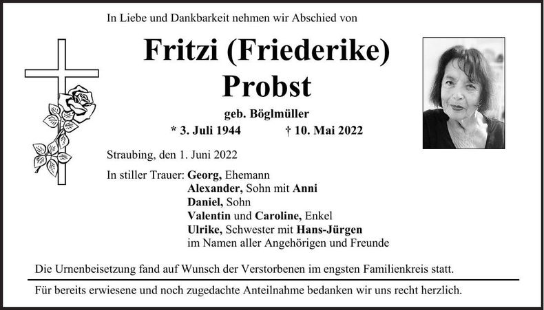 Traueranzeige Friederike Probst