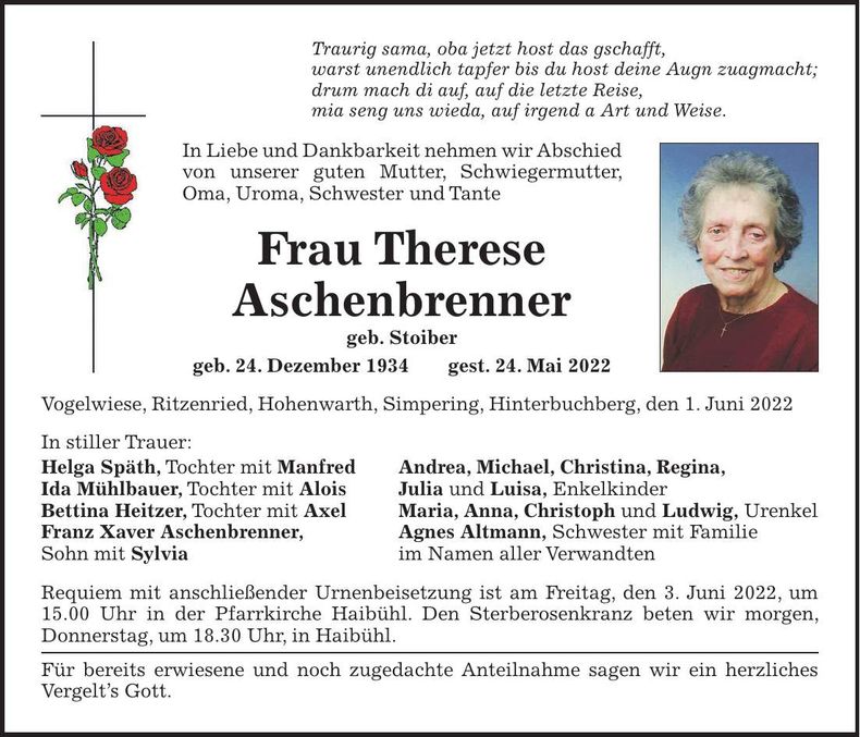 Traueranzeige Therese Aschenbrenner