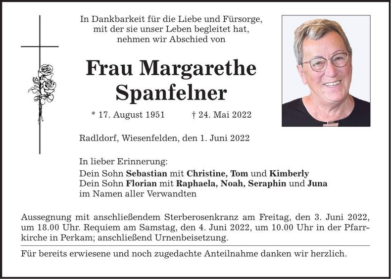 Traueranzeige Margarethe Spanfelner