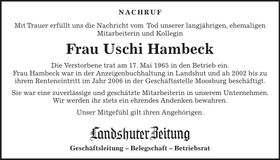 Traueranzeige Uschi Hambeck