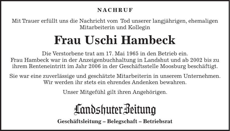 Traueranzeige Uschi Hambeck
