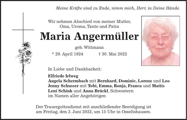 Traueranzeige Maria Angermüller