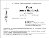 Traueranzeige Anna Haslbeck