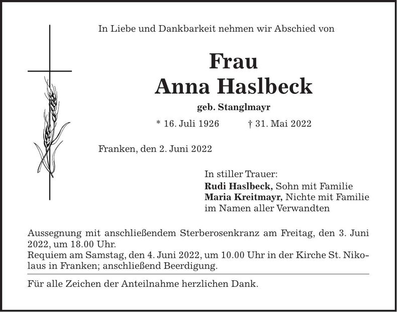 Traueranzeige Anna Haslbeck