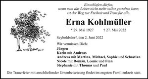 Traueranzeige Erna Kohlmüller