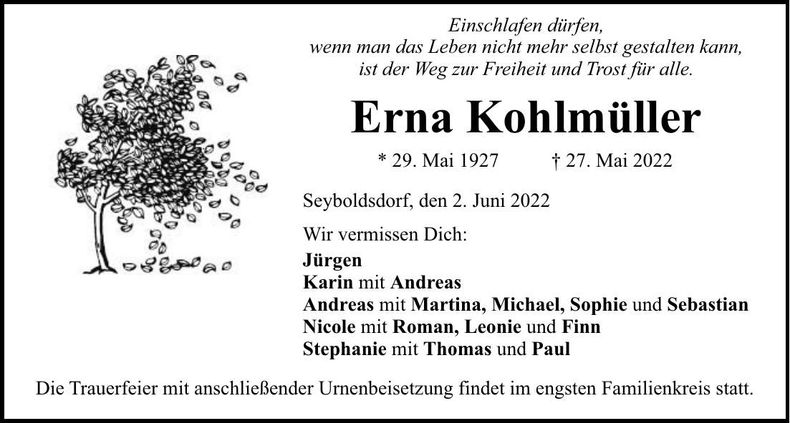 Traueranzeige Erna Kohlmüller