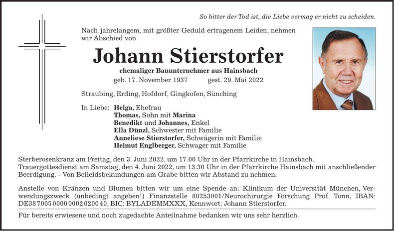 Traueranzeige Johann Stierstorfer