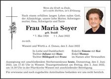 Traueranzeige Maria Soyer