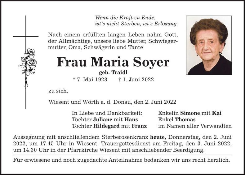 Traueranzeige Maria Soyer