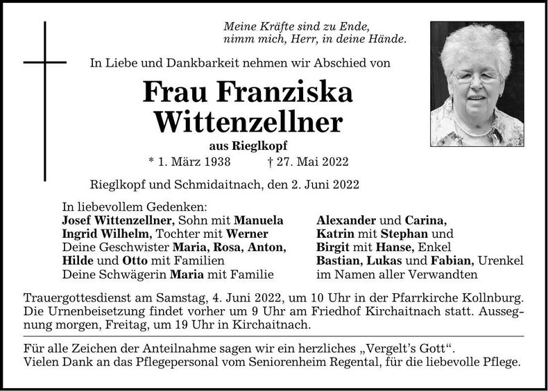 Traueranzeige Franziska Wittenzellner