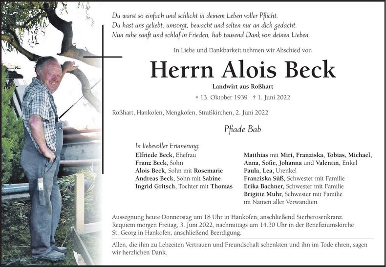 Traueranzeige Alois Beck