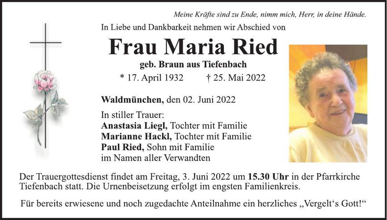 Traueranzeige Maria Ried