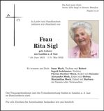 Traueranzeige Rita Sigl