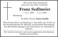 Traueranzeige Franz Sedlmeier