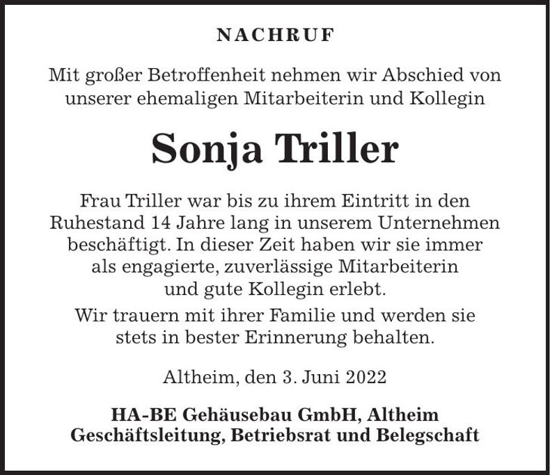 Traueranzeige Sonja Triller